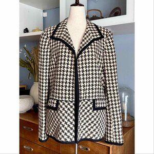 Nina Mclemore Houndstooth Wool Tweed Blazer Jacket Black Brown Ivory